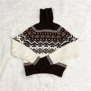 Women American Eagle Aztec Turtle Neck Knit Sweatshirt Brown/ White Extra Small
